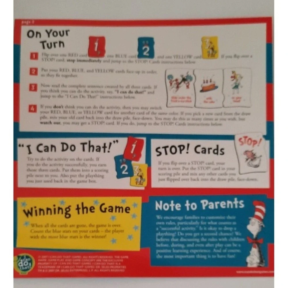 Dr.Seuss Cat in the Hat I Can Do That! Game Active Play Kids Board Game Complete